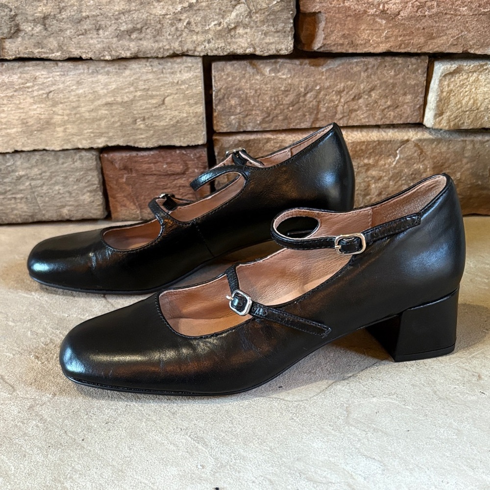 Madewell Black Leather Mary Jane Block Heels